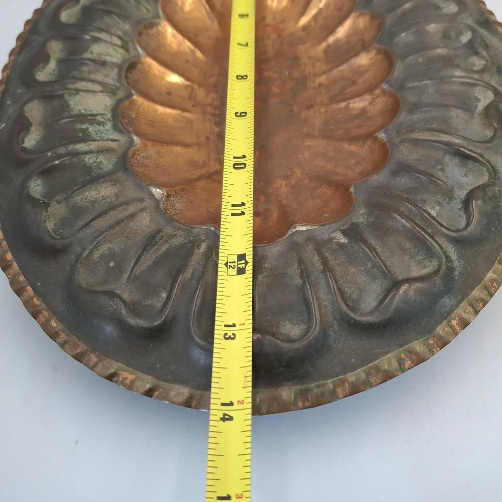 Vintage Italian Copper Footed Tray Scalloped Fluted Oval Serving Platter Italy